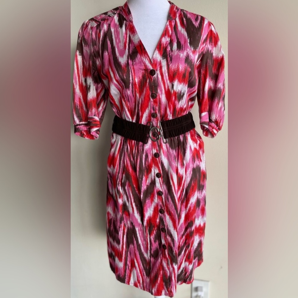 BOSTON PROPER BELTED BUTTON FRONT DRESS, RED/PINK/BROWN/WHITE, US SIZE 10